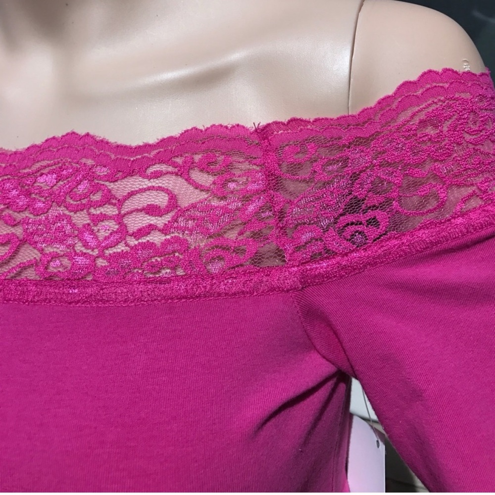 Pink Off-Shoulder Lace Top - Picture 2 of 12